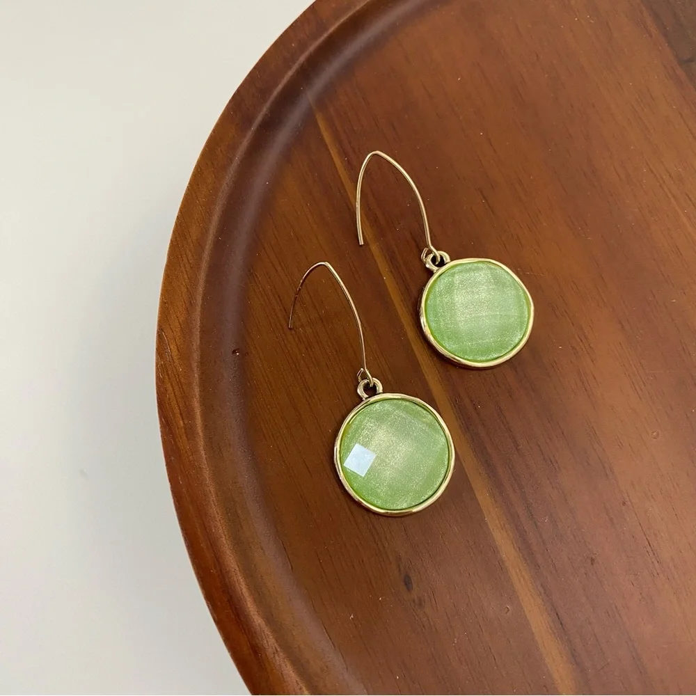 4/$15 Green Faceted Round Stone Drop Earrings